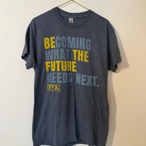 Gildan Dark Gray Graphic Tee with Yellow and Blue Text